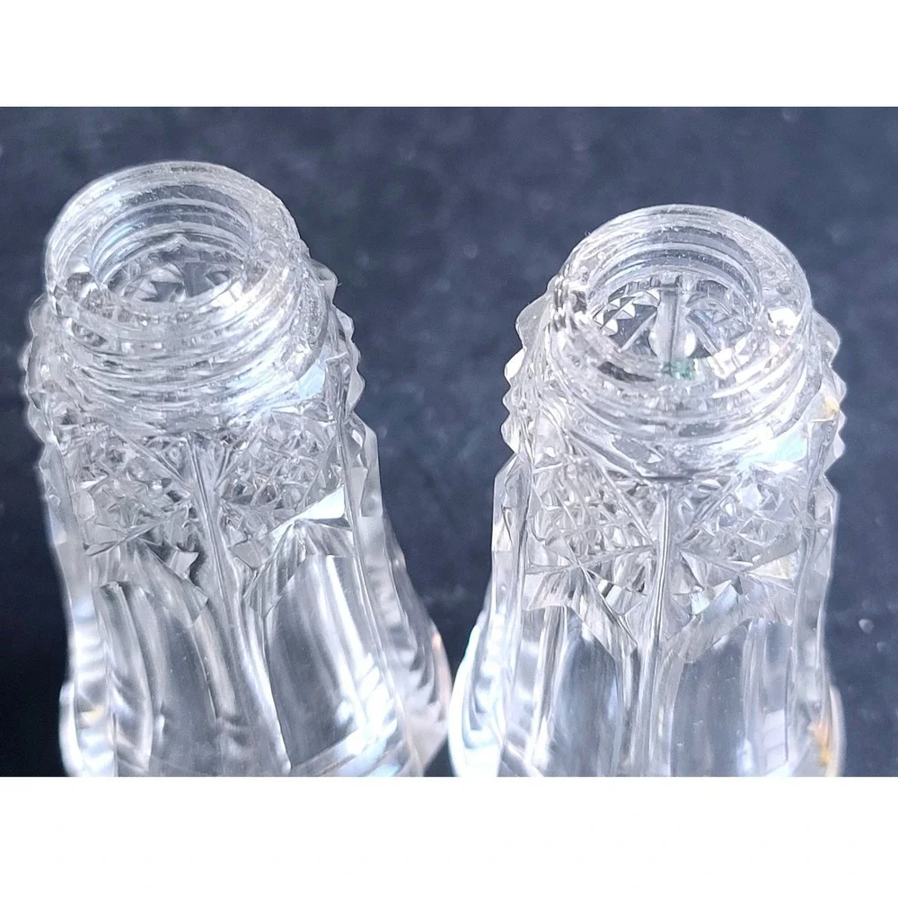 Vintage Crystal Salt-n-Pepper Shakers Metal Lids Mother of Pearl Lids Sterling‎